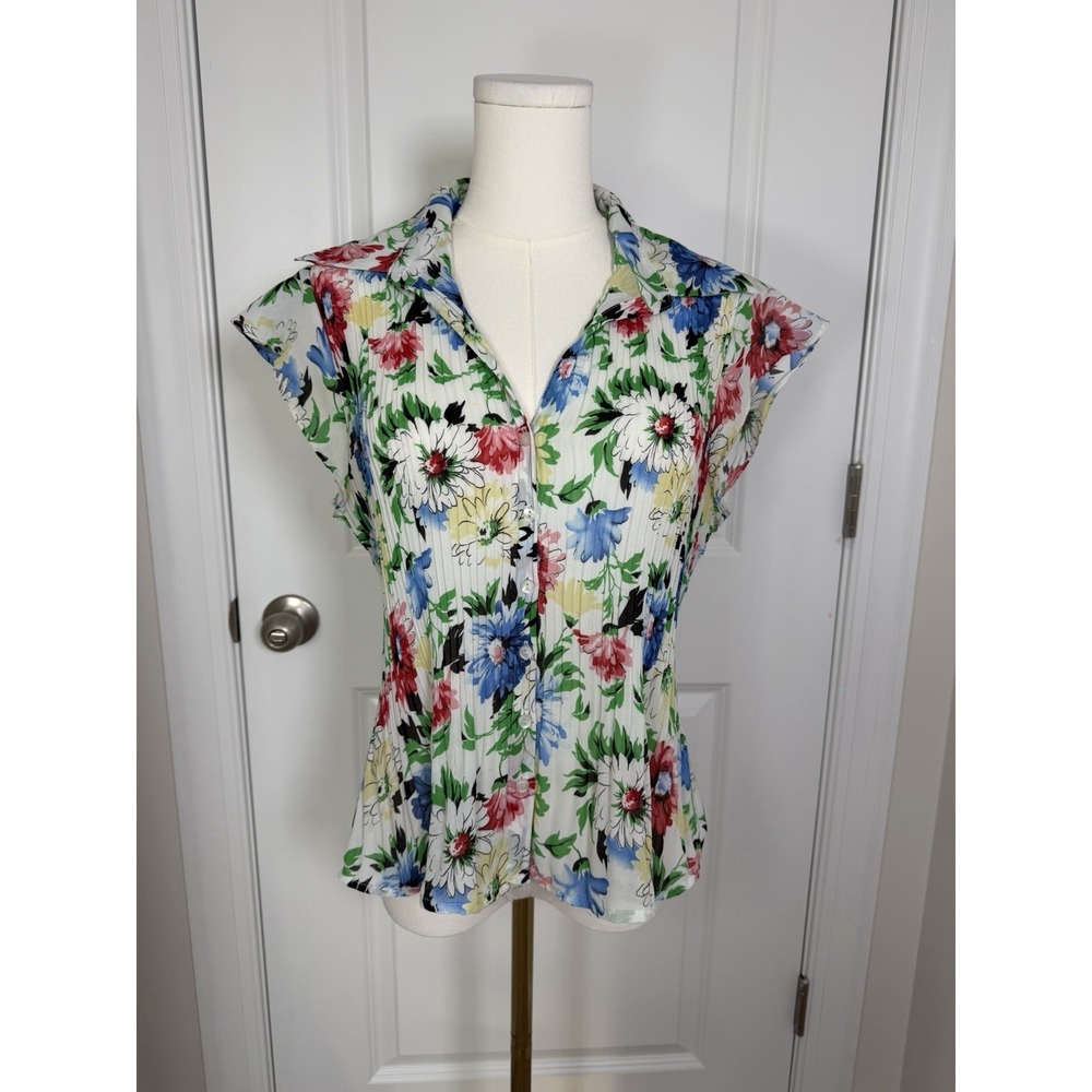 Sunny Taylor Women's Floral‎ Pleated Ruffle Blouse Button Down Medium Petite